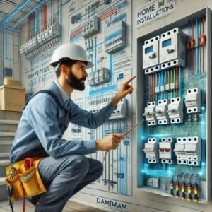 فني كهربائي يعمل على تركيب الأسلاك الكهربائية داخل لوحة توزيع حديثة في الدمام، مع التأكيد على معايير السلامة مثل استخدام أسلاك مقاومة للحرارة، تركيب قواطع كهربائية، وأنظمة التأريض لحماية الأجهزة المنزلية.