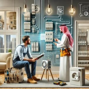 فني كهربائي يناقش خطط تأسيس الكهرباء مع أحد العملاء في موقع بناء بمدينة الدمام، حيث يستعرض المخططات الكهربائية ويشرح تفاصيل التوصيلات لضمان تنفيذ آمن وفعال للنظام الكهربائي.