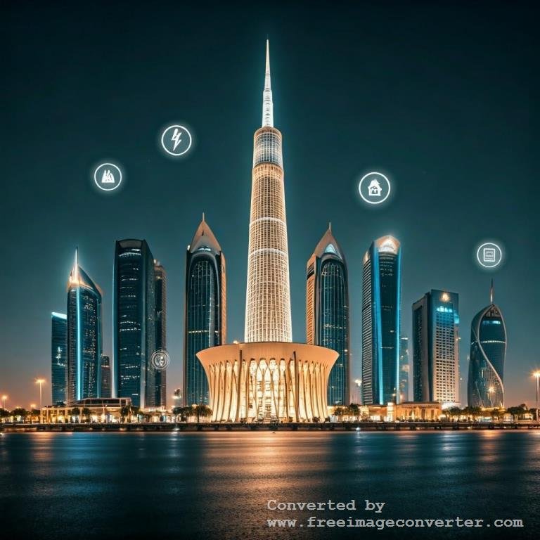 صورة حديثة لناطحات سحاب مضاءة في الليل بتصميم عصري يعكس الابتكار والتكنولوجيا في مجال البنية التحتية. يظهر في الصورة أبراج مرتفعة بإضاءة ذهبية مع أيقونات طاقة وكهرباء، مما يرمز إلى الاستدامة والطاقة الذكية. بالطبع، مع هذه التكنولوجيا المتقدمة، يظل السؤال قائمًا حول كيفية التعامل مع تكاليف الطاقة، وهنا يأتي دورنا لتقديم 3 حلول سريعة لـ حل ارتفاع فاتورة الكهرباء، مما يجعل هذه المدن الذكية ليست فقط متقدمة، بل أيضًا مستدامة واقتصادية.