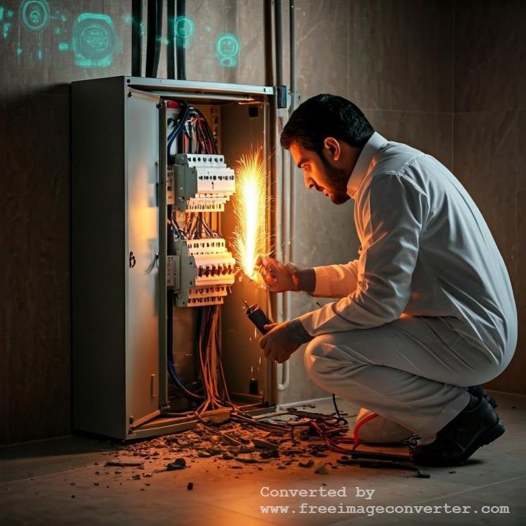 فني كهربائي يرتدي ملابس بيضاء يعمل على صيانة لوحة توزيع كهربائية داخلية في أحد المباني، حيث يظهر وميض شراري نتيجة العمل على الأسلاك الكهربائية. تعكس الصورة أهمية الصيانة الدورية للكهرباء لتجنب ارتفاع الفواتير والأعطال، وهنا يمكننا التذكير بـ"3 حلول سريعة لـ حل ارتفاع فاتورة الكهرباء": أولاً، التأكد من إطفاء الأجهزة غير المستخدمة، ثانياً، استبدال المصابيح التقليدية بمصابيح موفرة للطاقة، وثالثاً، فحص وعزل الأسلاك الكهربائية بشكل دوري.