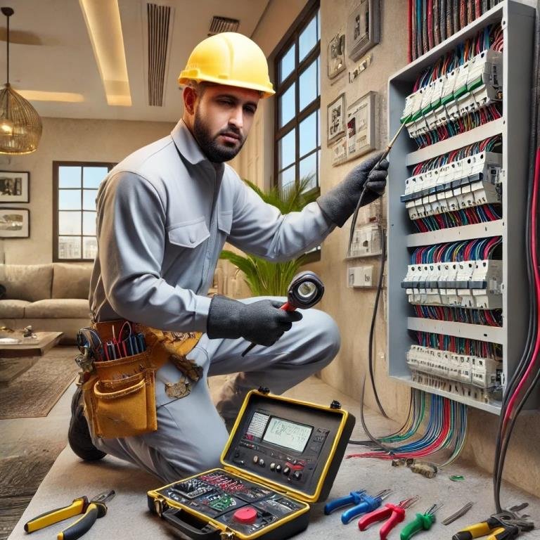 صورة احترافية لفني كهرباء في الدمام من شركة كشف أعطال الكابلات، وهو يقوم بصيانة لوحة توزيع كهربائية داخل منزل باستخدام أدوات فحص متطورة، لضمان سلامة وكفاءة النظام الكهربائي.
