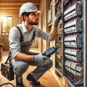 صورة احترافية فني كهرباء منازل ممتاز في الدمام من شركة كشف أعطال الكابلات، وهو يعمل على فحص وصيانة لوحة توزيع كهربائية داخل منزل، مستخدمًا أدوات حديثة لضمان سلامة وكفاءة التوصيلات الكهربائية.