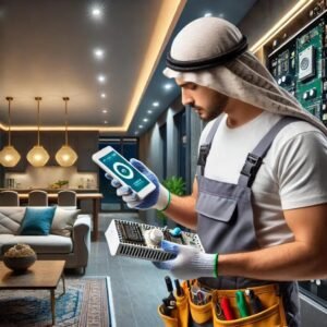 صورة احترافية لفني كهرباء منازل ممتاز من شركة كشف أعطال الكابلات في الدمام، يقوم بتركيب نظام إضاءة ذكي وموفر للطاقة داخل منزل حديث، مستخدمًا تقنيات متطورة لضبط الإضاءة والتحكم بها.