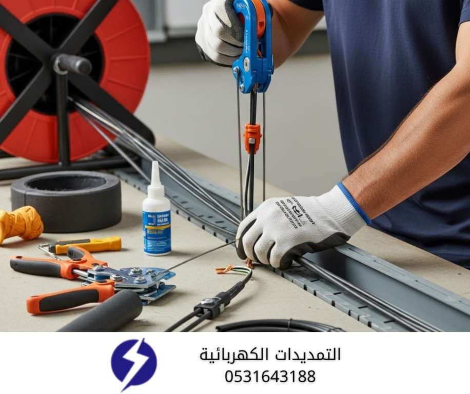 فني يقوم بعملية سحب أسلاك لعمل فحص التمديدات الكهربائية في الدمام باستخدام أدوات متخصصة لضمان عدم تلفها، خدمة مقدمة من "شركة كشف اعطال الكابلات".