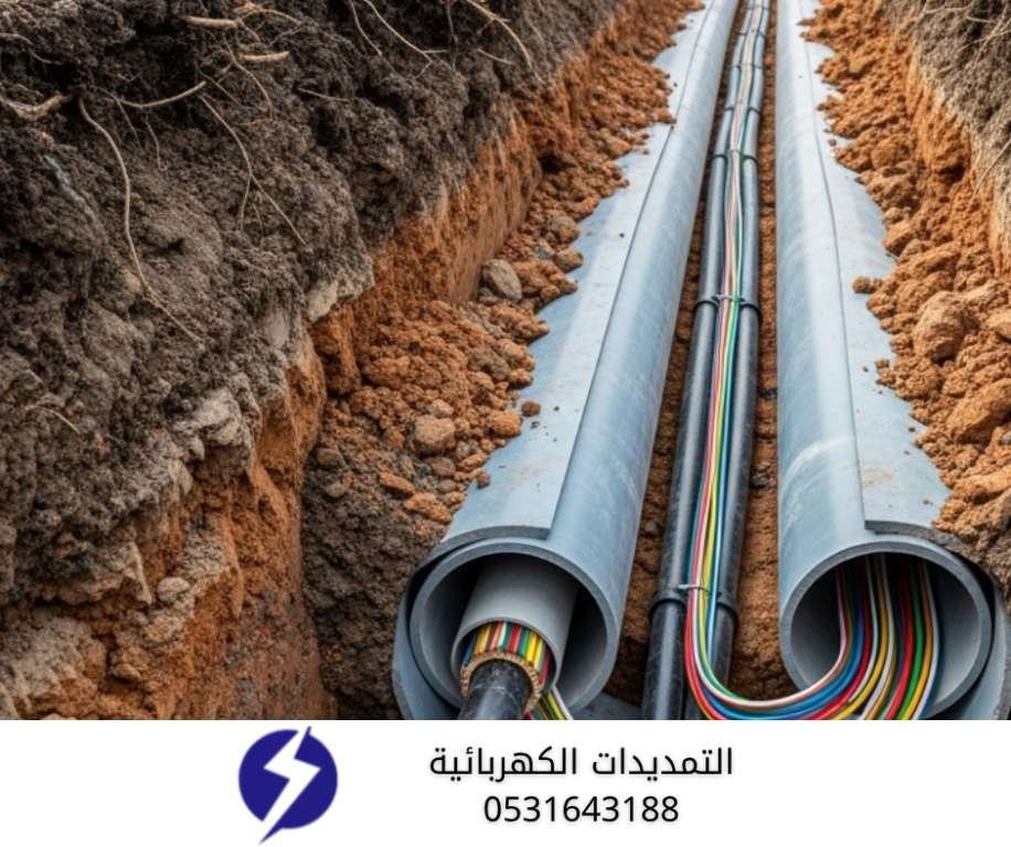 مواسير PVC مدفونة تحت الأرض لحماية التمديدات الكهربائية من الرطوبة والصدمات، مشروع تمديدات في الدمام.