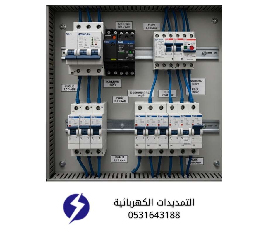لوحة توزيع كهرباء منظمة مع قواطع مرقمة وملصقات تعريفية واضحة لسهولة التحكم في التمديدات الكهربائية.